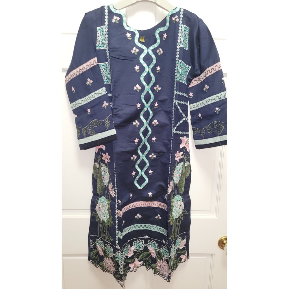 Khaddi Women's Heavily Embroidered 3pc Kurta Suit Set w/ Dupatta - Navy Blue - S